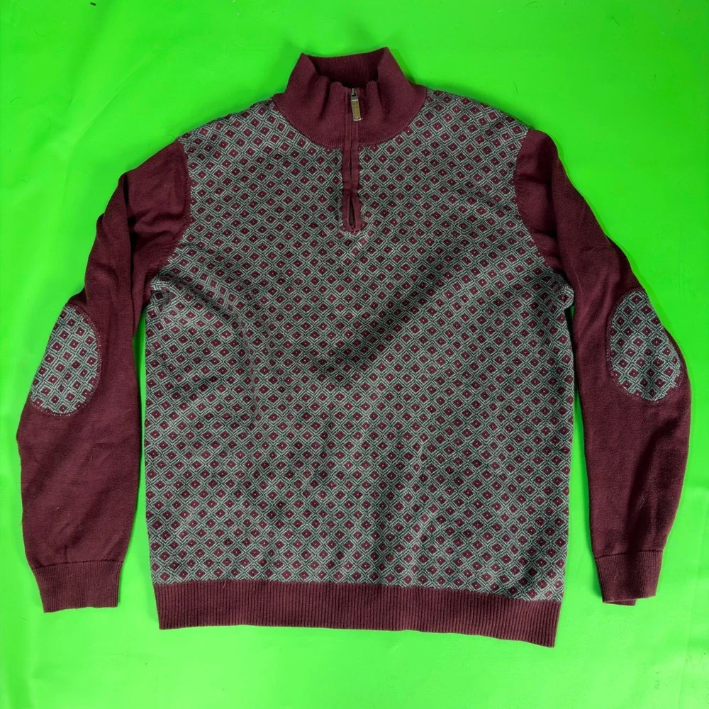 Tasso Elba 1/4 Zip Cotton Sweater Mens L Burgundy Geometric AOP Elbow Patches